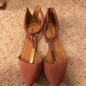 Pink faux suede flats with gold details